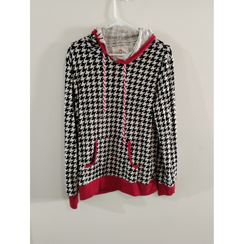 Goodnight Kiss Houndstooth Sleep Hoodie Red Trim Black White Large